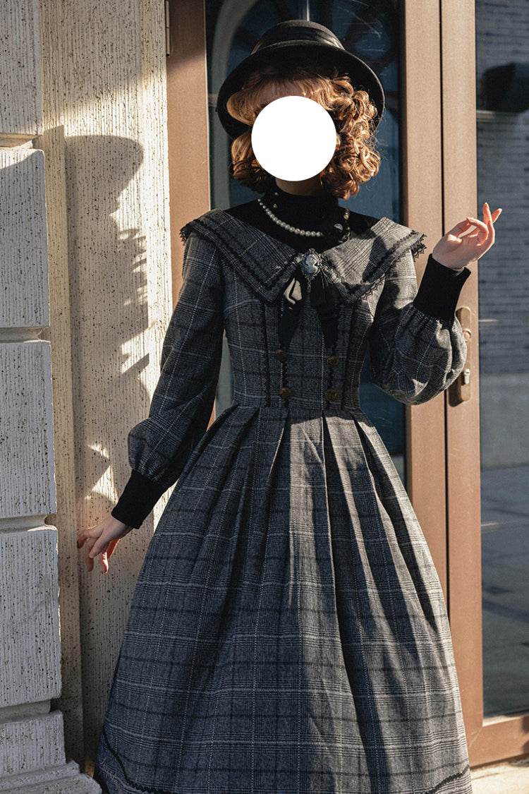 Ash Plaid Bowknot Elegant Sweet Lolita Gown with Long Sleeves
