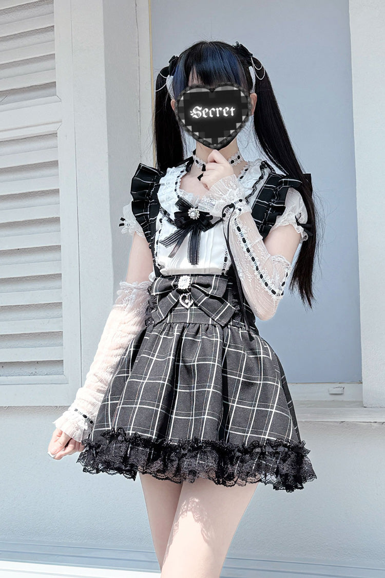 Black Plaid Bow Ruffle Lace Jirai Kei Skirt