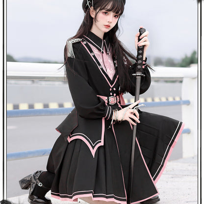 Black Pink Military Lolita Cape and Dress ON1089 MK Kawaii Store