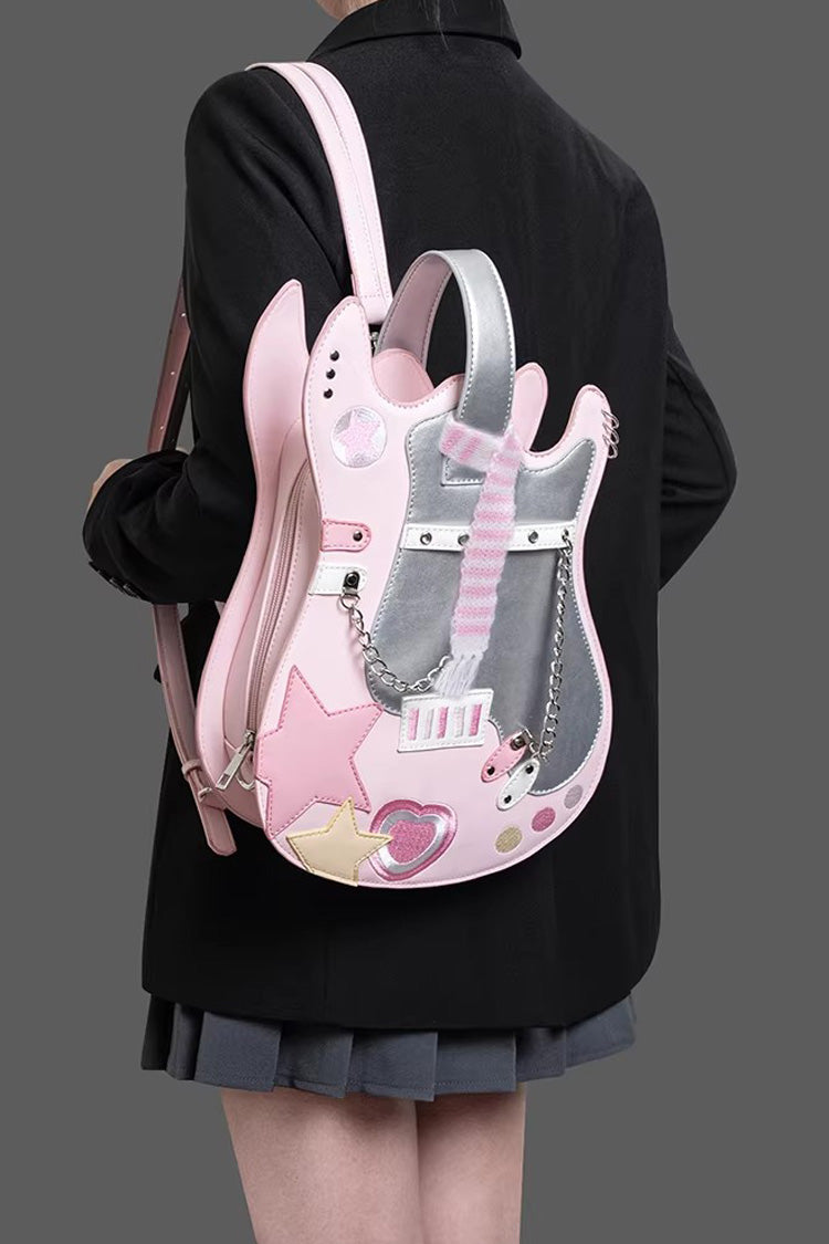 Embroidered Itabag with Guitar Heart and Chain, Color-Block Sweet Lolita