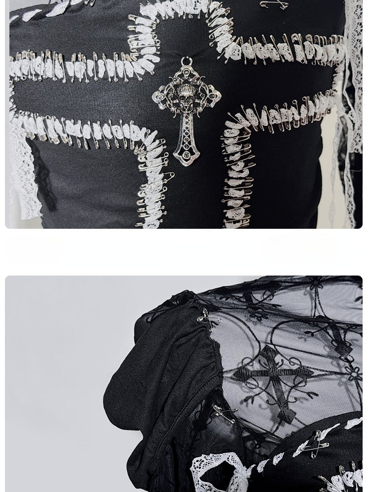 Gothic Black Illusion Lace Trim Cross Top