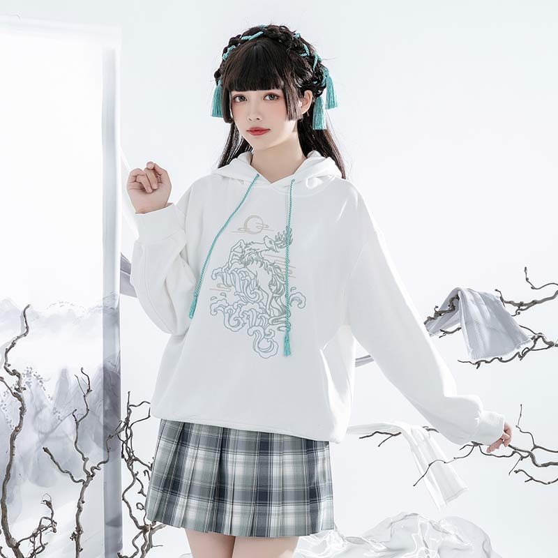 Couple Deer Embroidery Loose Hoodie Dress