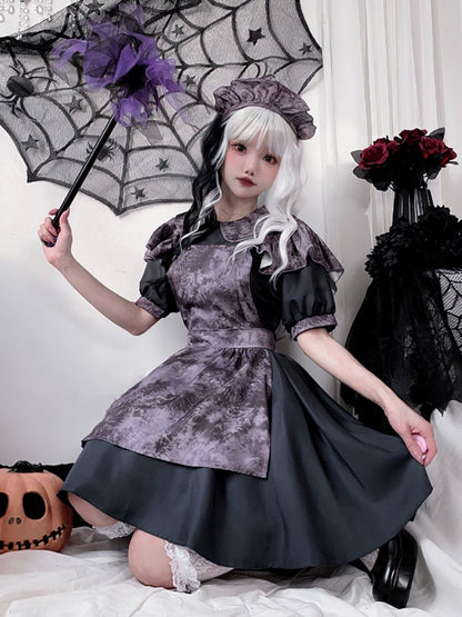 Halloween Costume Dark Maid Black Dress with Purple Apron