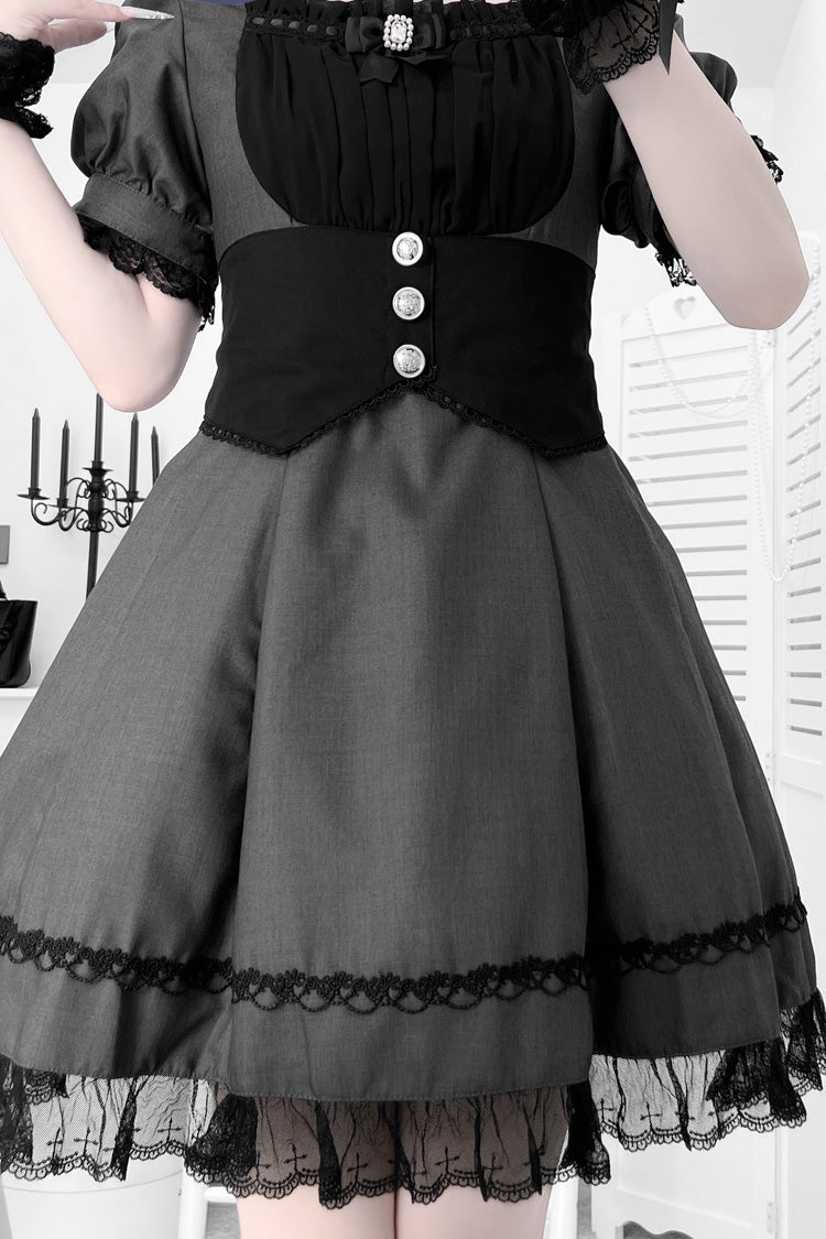 Slate Short Sleeve Ruffle Bow Cross Waist Maid Sweet Japanese Dress Set