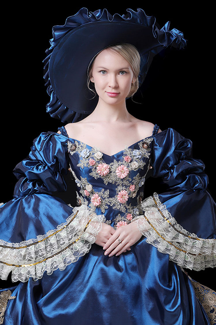 Trumpet Sleeve High Waisted Victorian Gown - 3D Flower Embroidery
