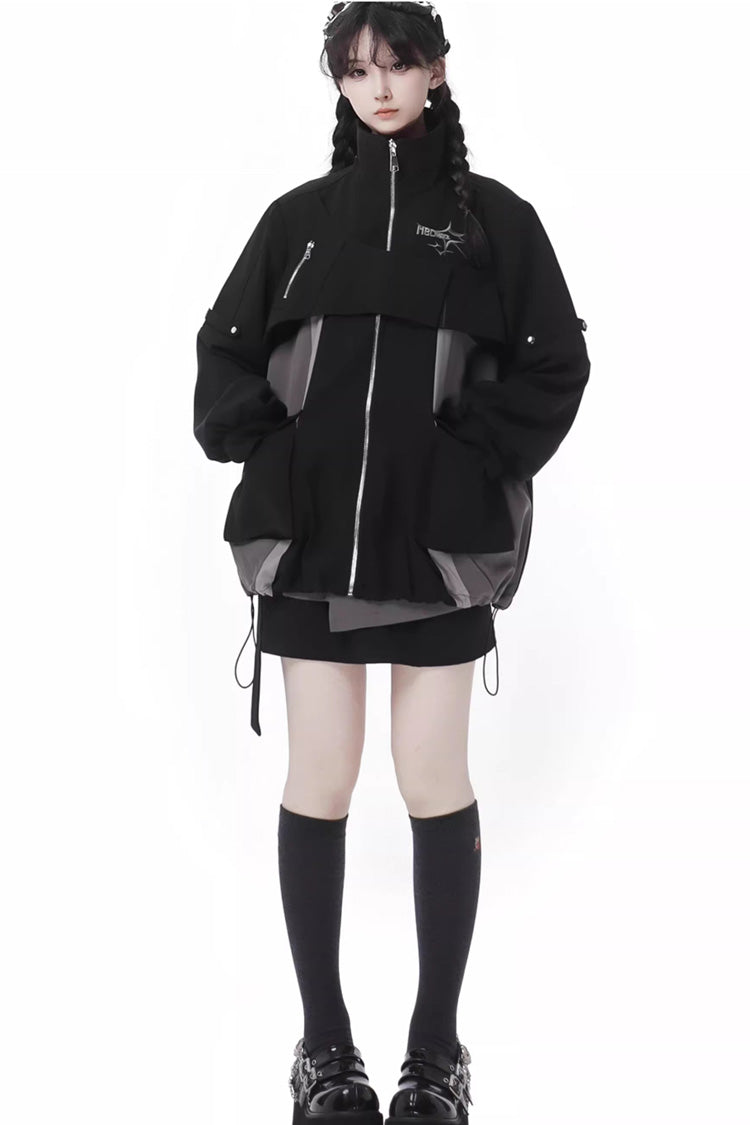 Techwear Long Sleeves Spliced Zippered Gothic Jirai Kei Skirt and Coat Set