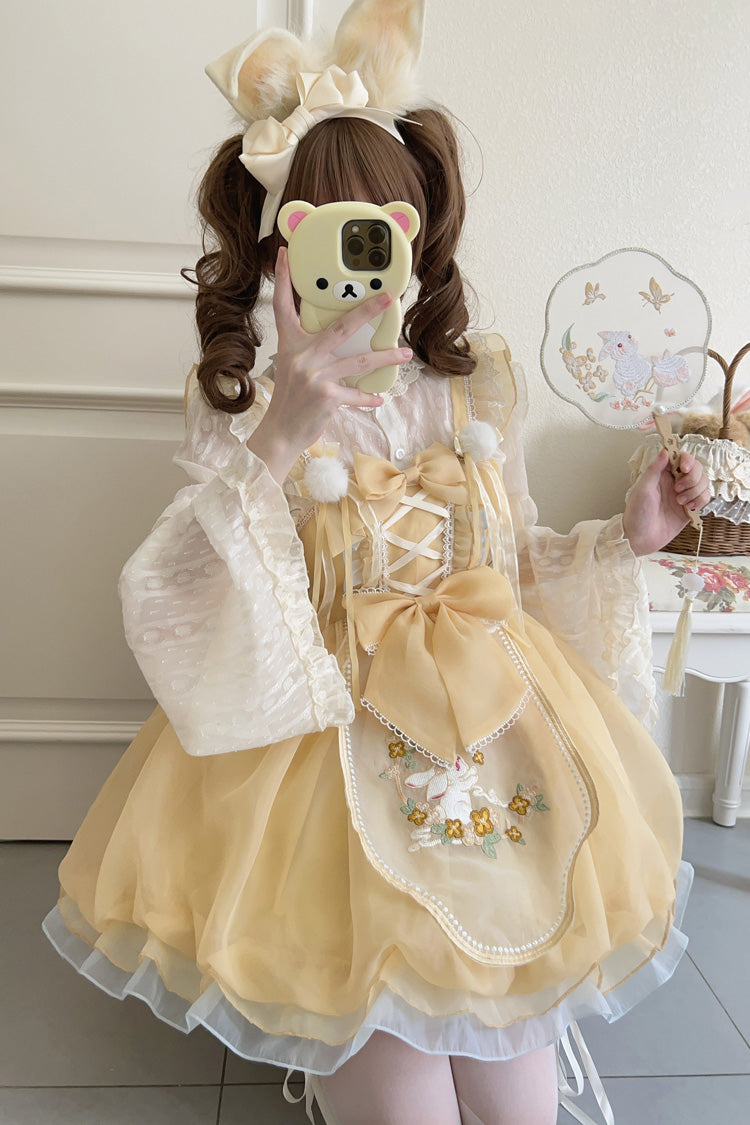 Yellow Moon Rabbit Embroidery Ruffled Bowknot Lace Sweet Lolita JSK
