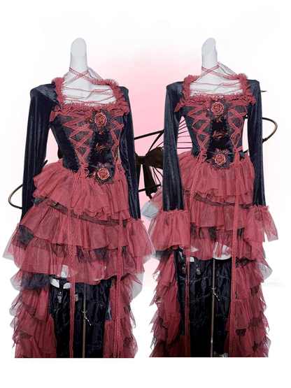 Gothic Black and Red Lace Rosette Top