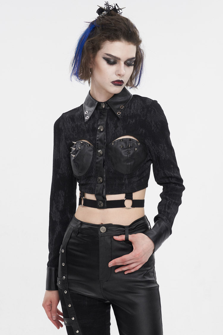 Studded Punk Shirt with Cutout and Turn Down Collar