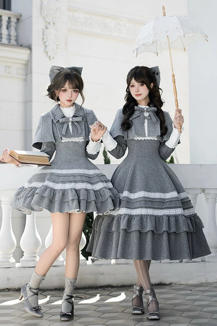 Ash Stand-Collar Ruffled Bow Lolita Gown with Poetry Motif