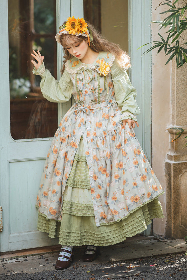 Green Sunflower Sleeveless Floral Bow Elegant Jsk Dress