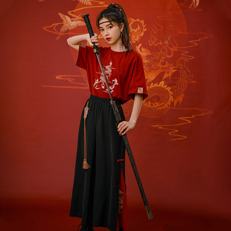 Vintage Dragon Embroidery T-Shirt Tassel Pants Set