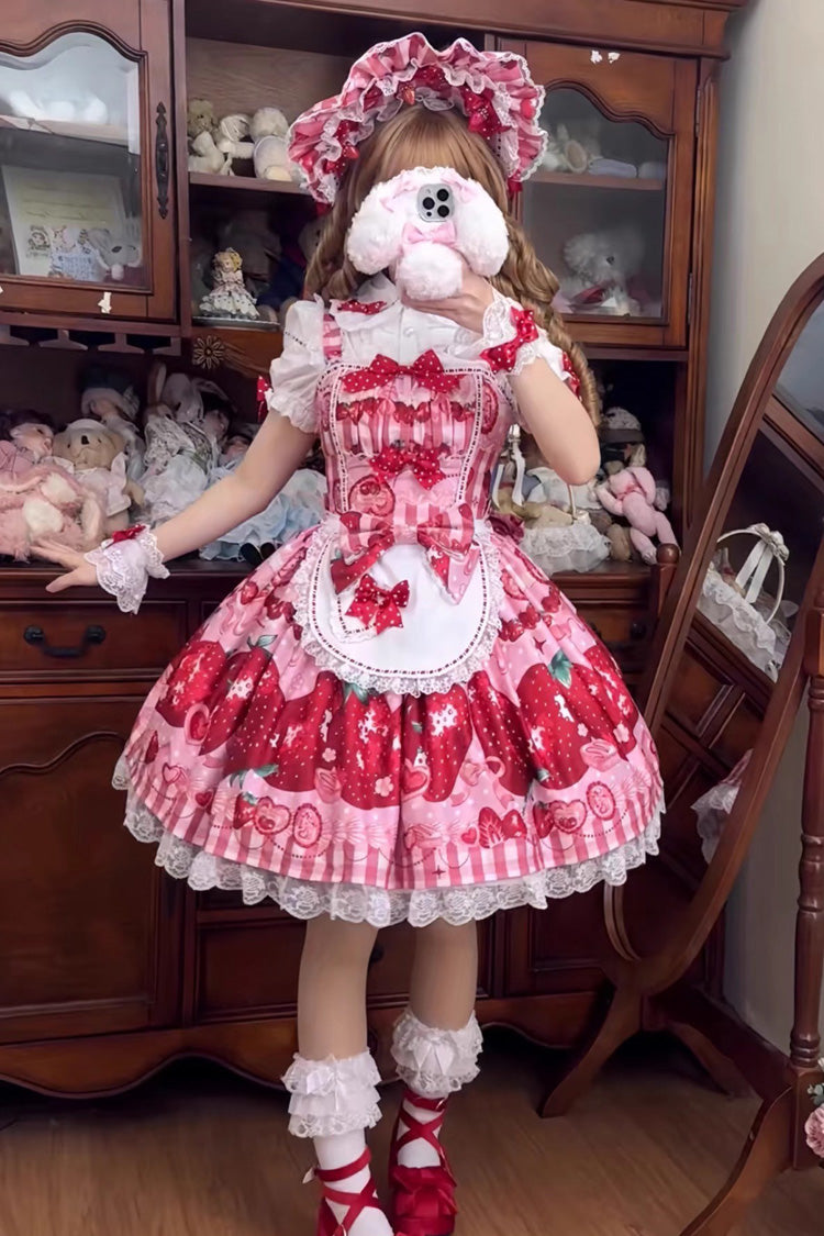 Dream to Strawberry Printed Ruffle Bow Lace Sweet Lolita JSK Dress in Four Shades