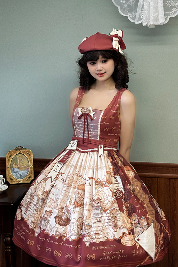 Wine Red Fox Print Square Collar Bowknot Classic Lolita Jumper