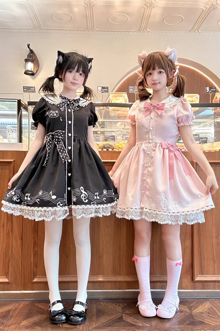 Pink Melody Kitty Doll Collar Short Sleeves Ruffled Embroidered Bow Lace Sweet Dress