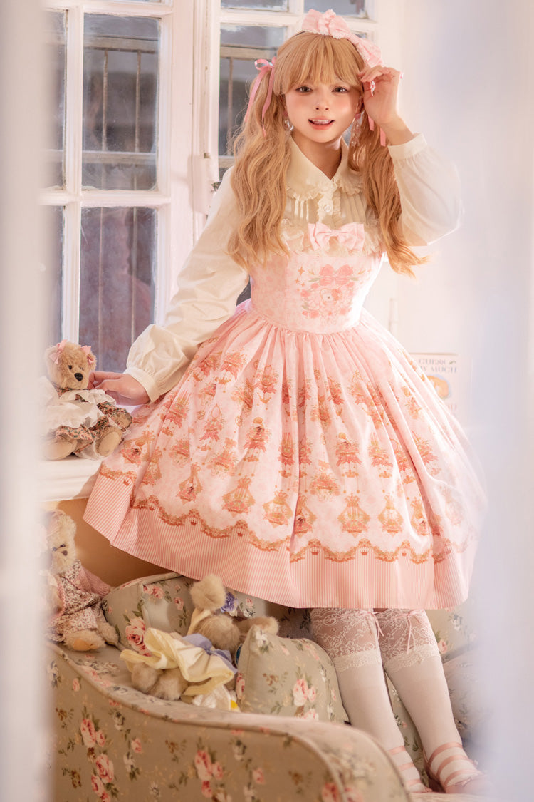 Pink Rose Print Bowknot Sweet Lolita Dress