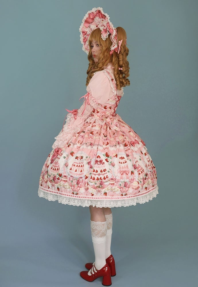 Accents Bow JSK Strawberry Print Full Sweet Set / Pink Desserts Lolita and