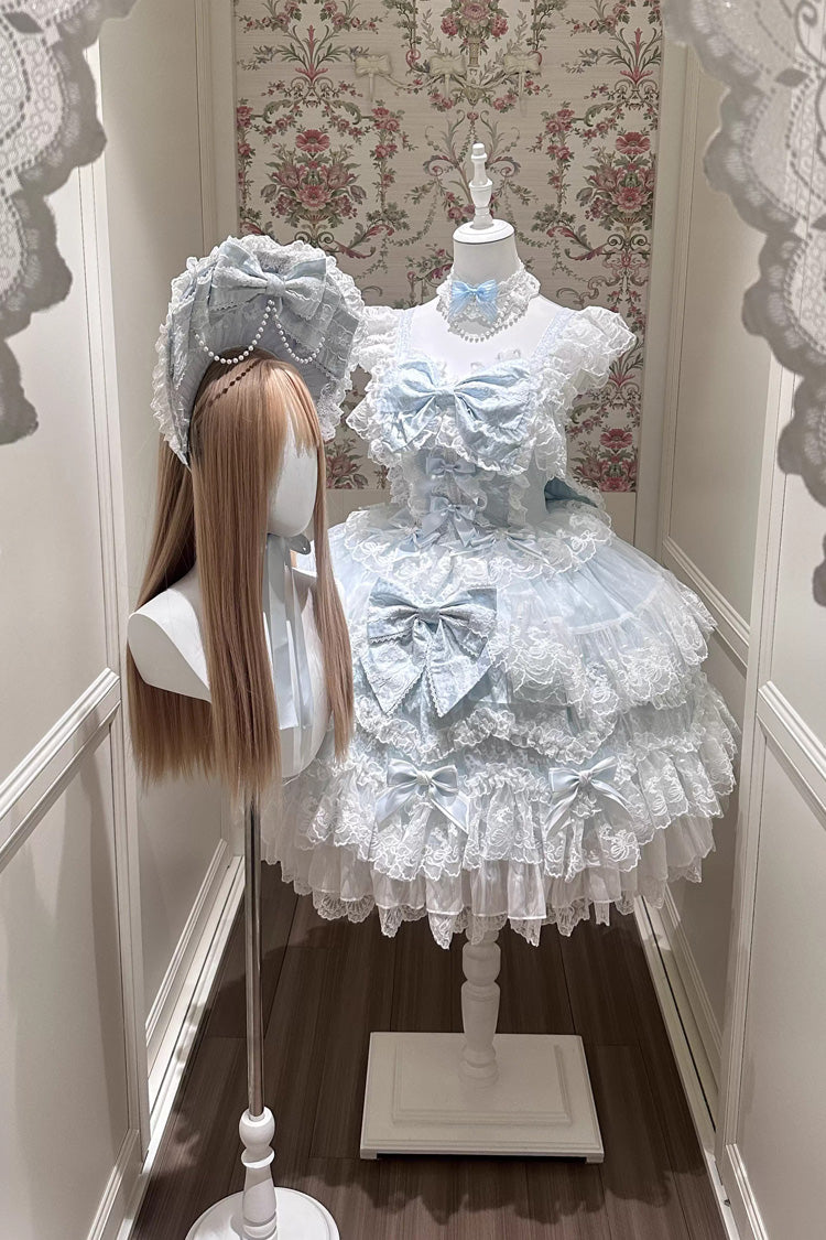 Blue Ruffled Hanayome Bow Lace Sweet Princess Lolita Jsk Dress - Sakura Dream Romance