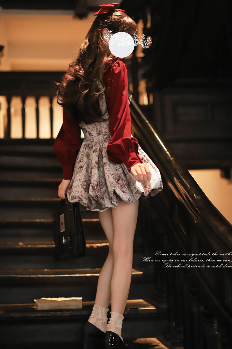 Ash Printed Sweet Lolita Skirt with Lace-Up Bow