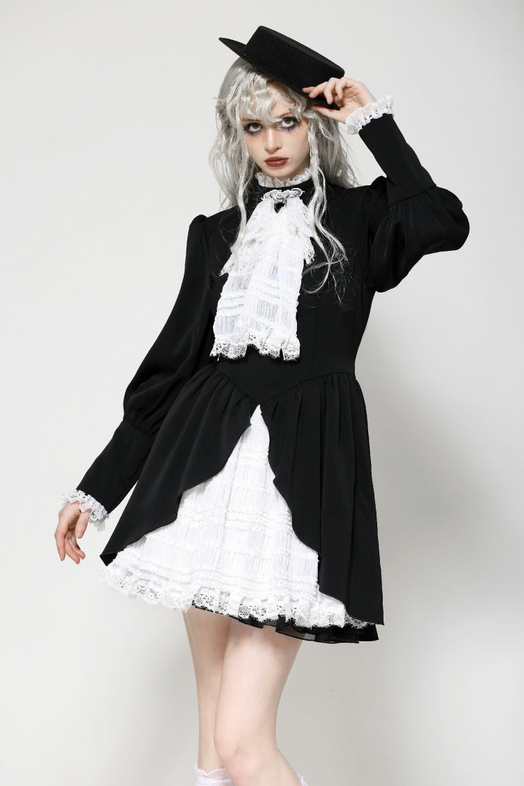 Monochrome Gothic Dress with Pleated Lace, Stand Collar, and Puff Sleeves