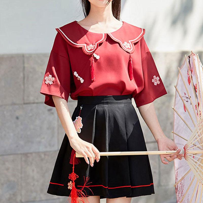 Flower Embroidery Buckle T-Shirt Skirt Set