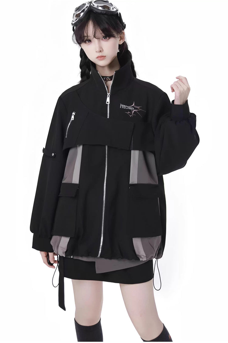 Techwear Long Sleeves Spliced Zippered Gothic Jirai Kei Skirt and Coat Set