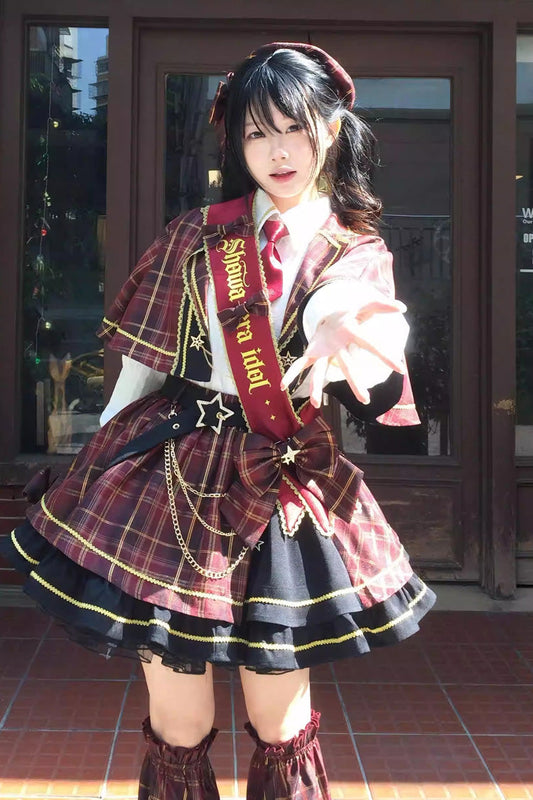Crimson Showa Little Idol Notch Collar Long Sleeve Ruffled Open-Front Bow Asymmetric Classic Lolita Skirt Set