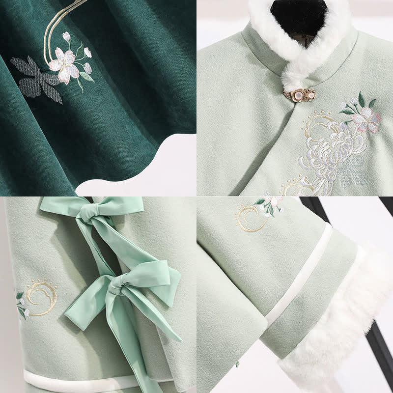 Green Floral Bow Knot Coat Pleated Skirt Vintage Set