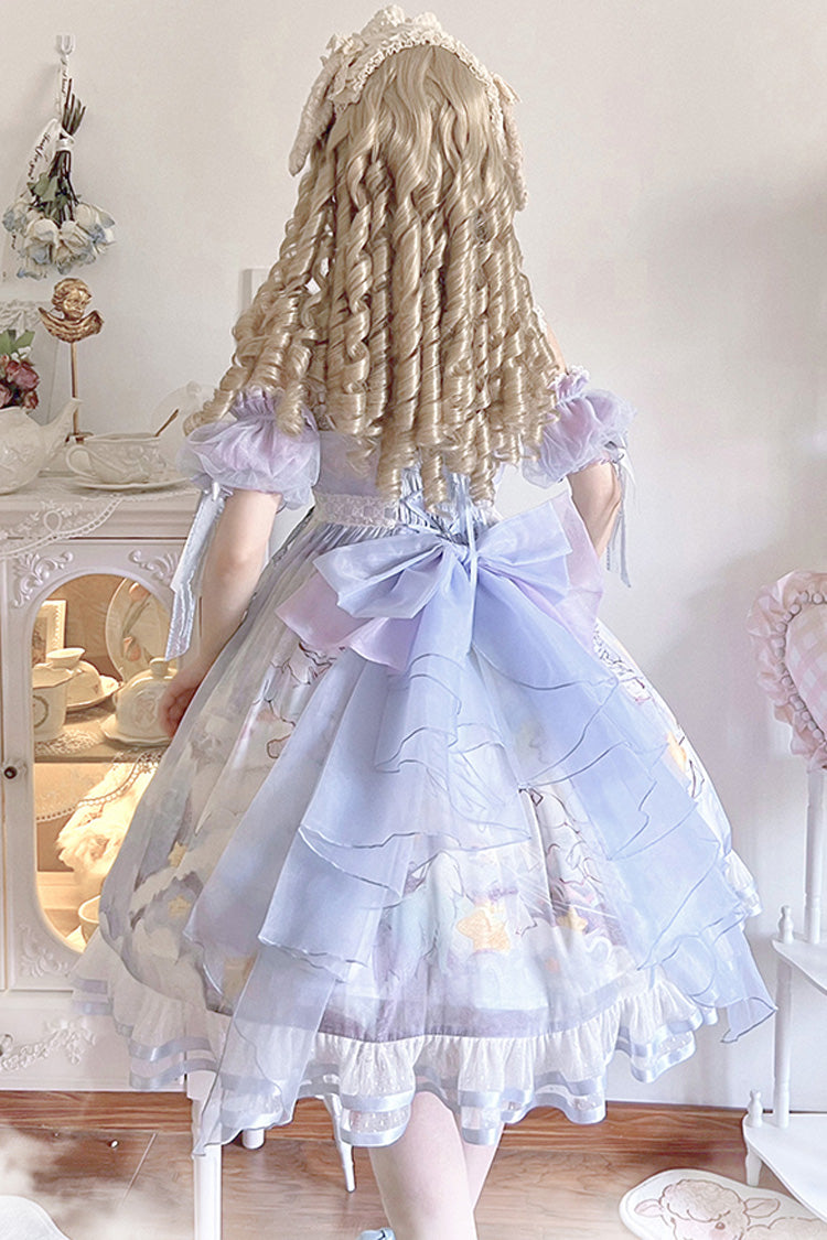 Cloud Walk Print Ruffled Bow Lace Sweet Lolita Jumper Dress Complete Set