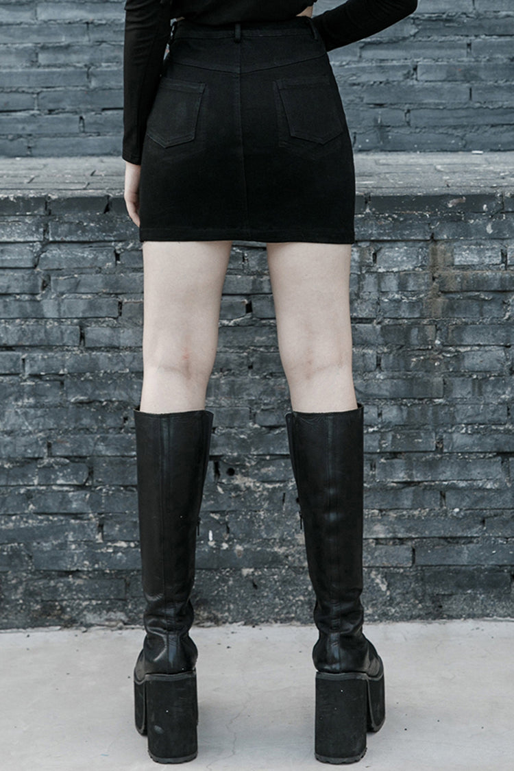 Charcoal Steel Slanted Buckle Looped Denim Punk Skirt for Women