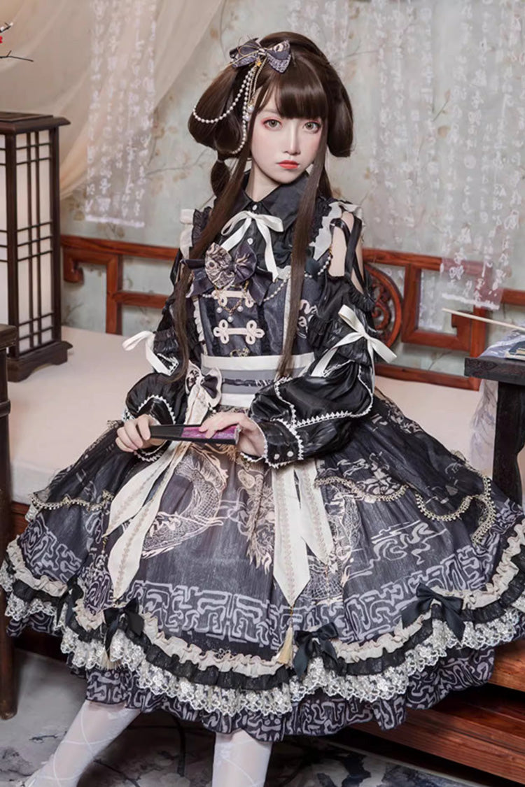 Noir Printed Ruffle Lace Sweet Chinese JSK - Yuelong Poetry
