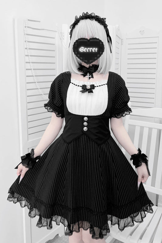 Monochrome Striped Short Sleeve Ruffle Bow Cross Waist Maid Sweet Japanese Dress Set