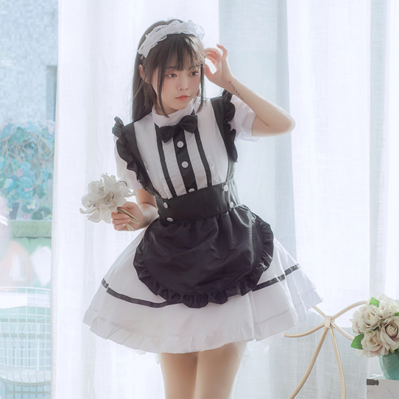 Kawaii Cosplay Lolita Maid Costume Dress Ruffle White Black