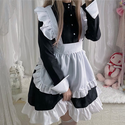 Black Button Long Sleeve Ruffled Lolita Maid Dress