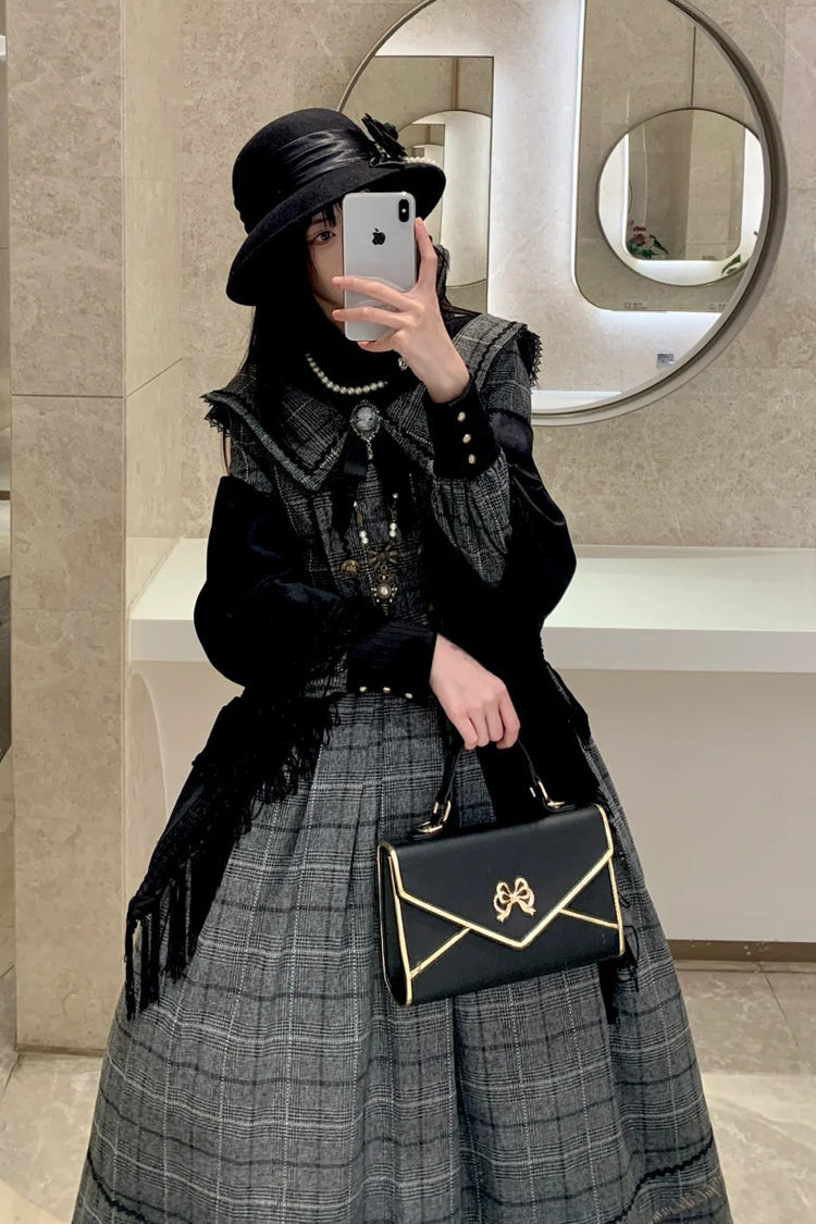 Ash Plaid Bowknot Elegant Sweet Lolita Gown with Long Sleeves