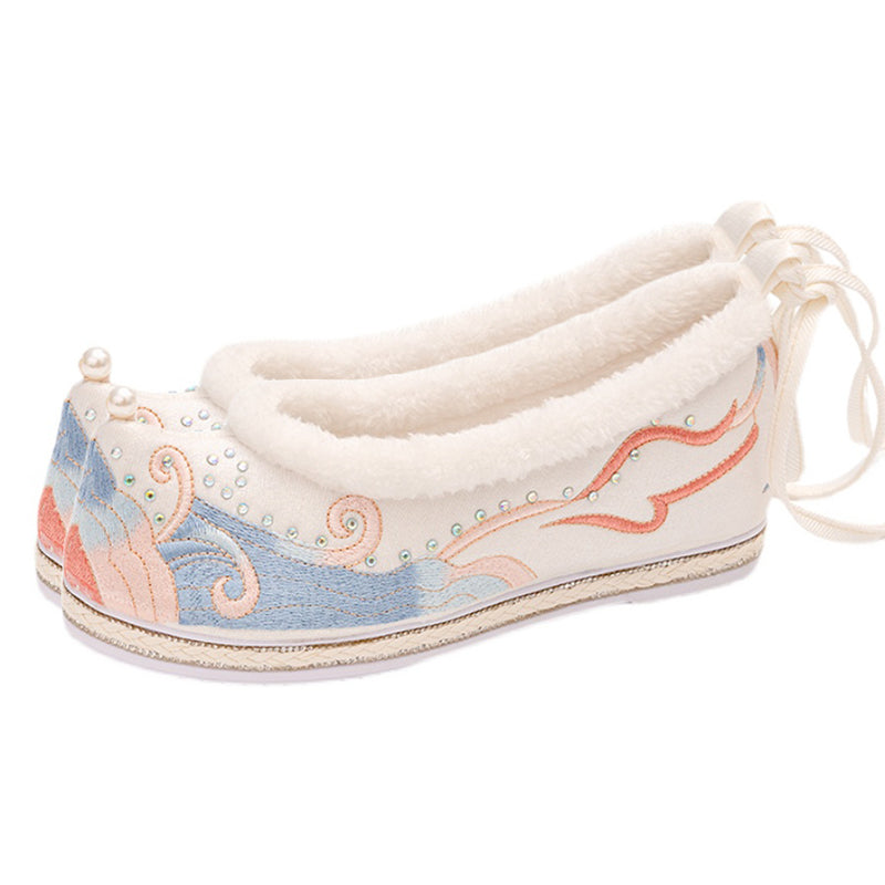 Kawaii Embroidery Wave Pearl Fuzzy Trim Flats Shoes