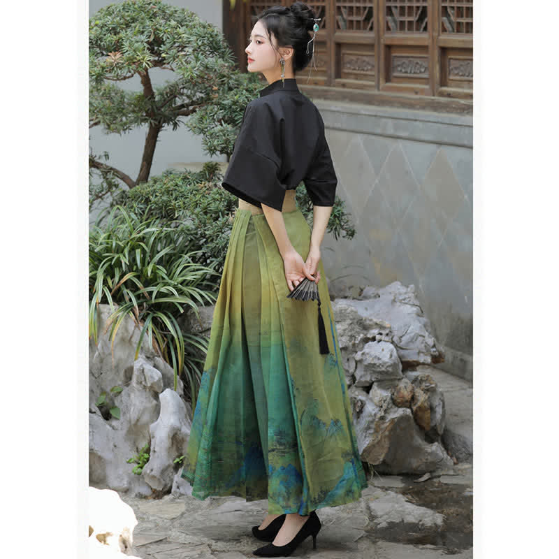 Vintage Buckle Shirt Mountain Print Pleated Skirt