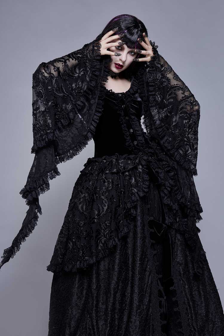 Gothic Coat with Hollow-Out Flare Sleeves and Lace Cuffs