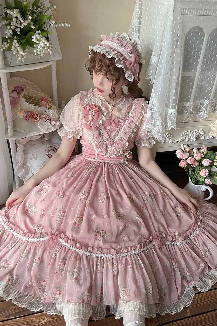 Daydream Rose Floral Jacquard Print Ruffle Embroidered Bow Sweet Lolita Dress in Three Shades