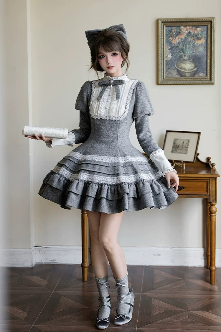 Ash Stand-Collar Ruffled Bow Lolita Gown with Poetry Motif