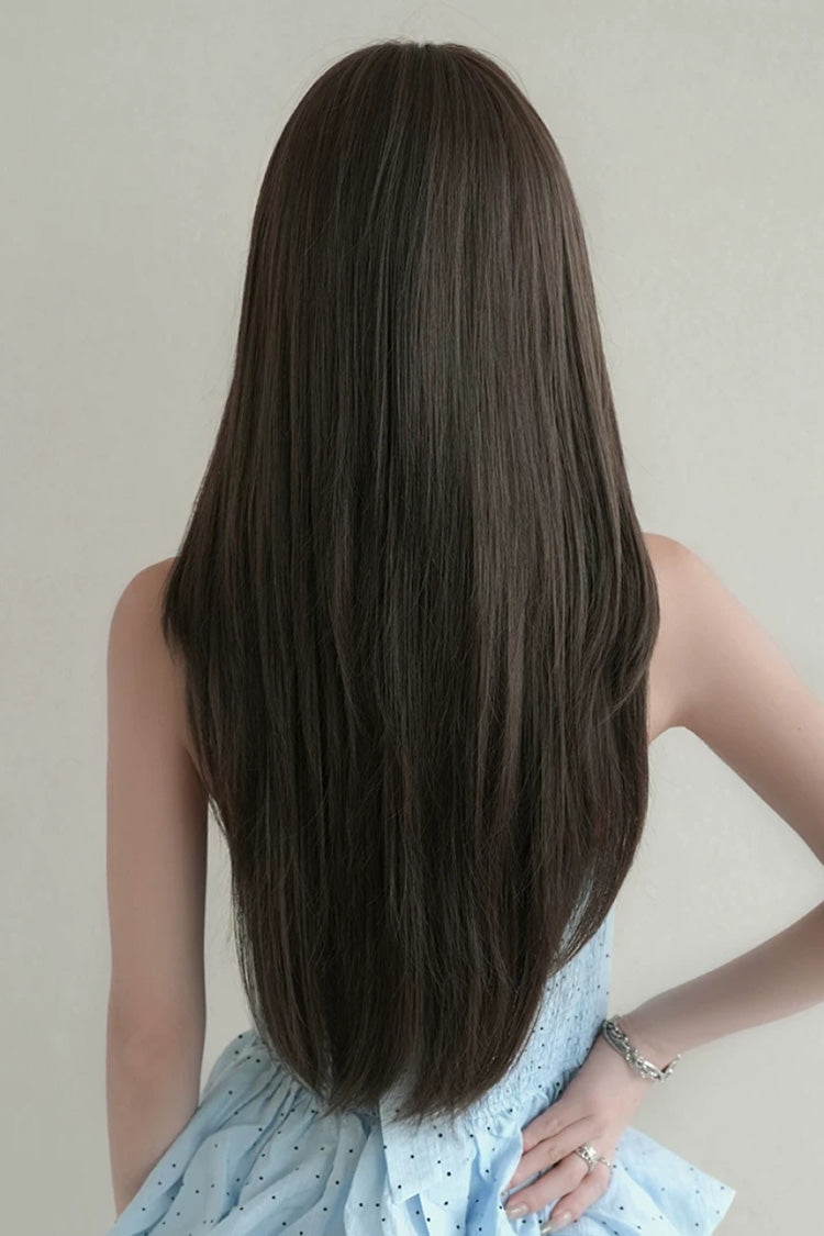 Fluffy Layered Straight Lolita Wig with Air Bangs - Cool Brown