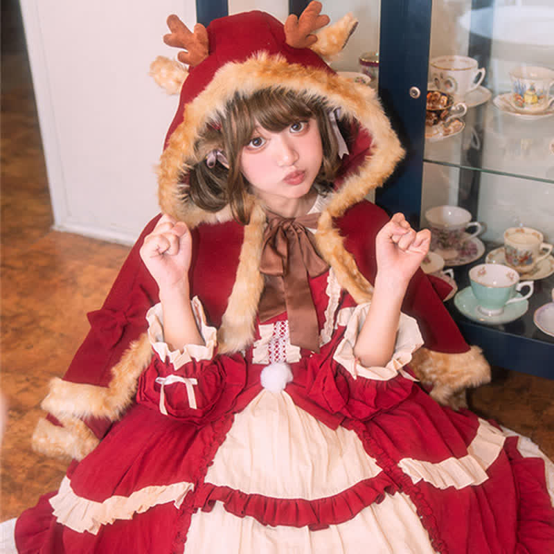 Cartoon Antler Plush Hooded Cloak Lolita Coat