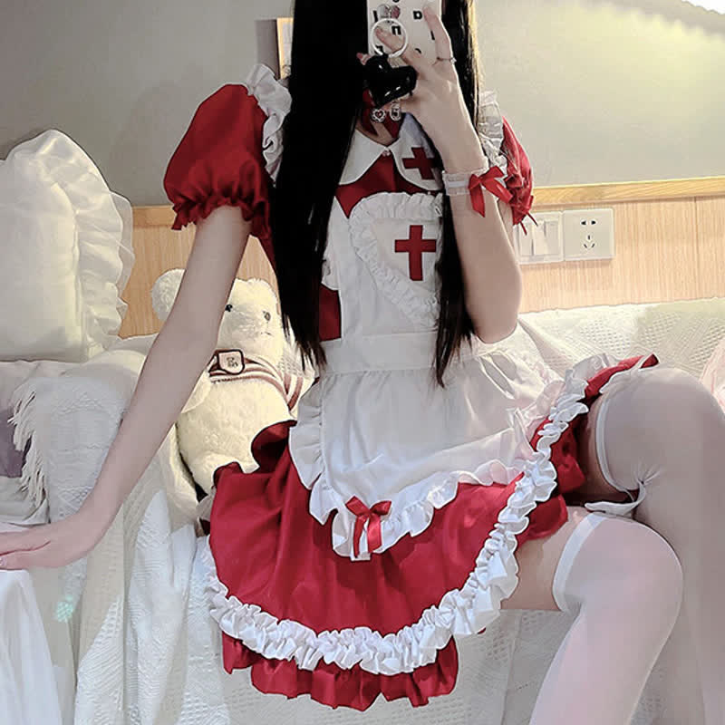 Kawaii Cross Print Ruffled Maid Lolita Dress Set