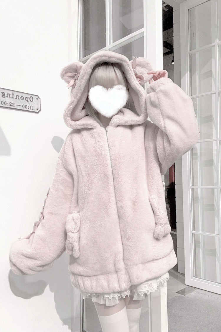 Bear Ears Long Sleeves Bow Lace-Up Hooded Zippered Sweet Jirai Kei Coat