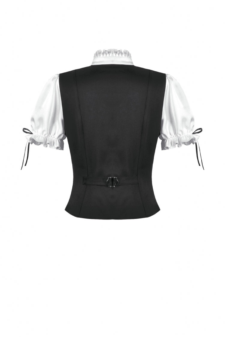 Monochrome Gothic Royal Blouse with Lace Ruffles and Stand Collar
