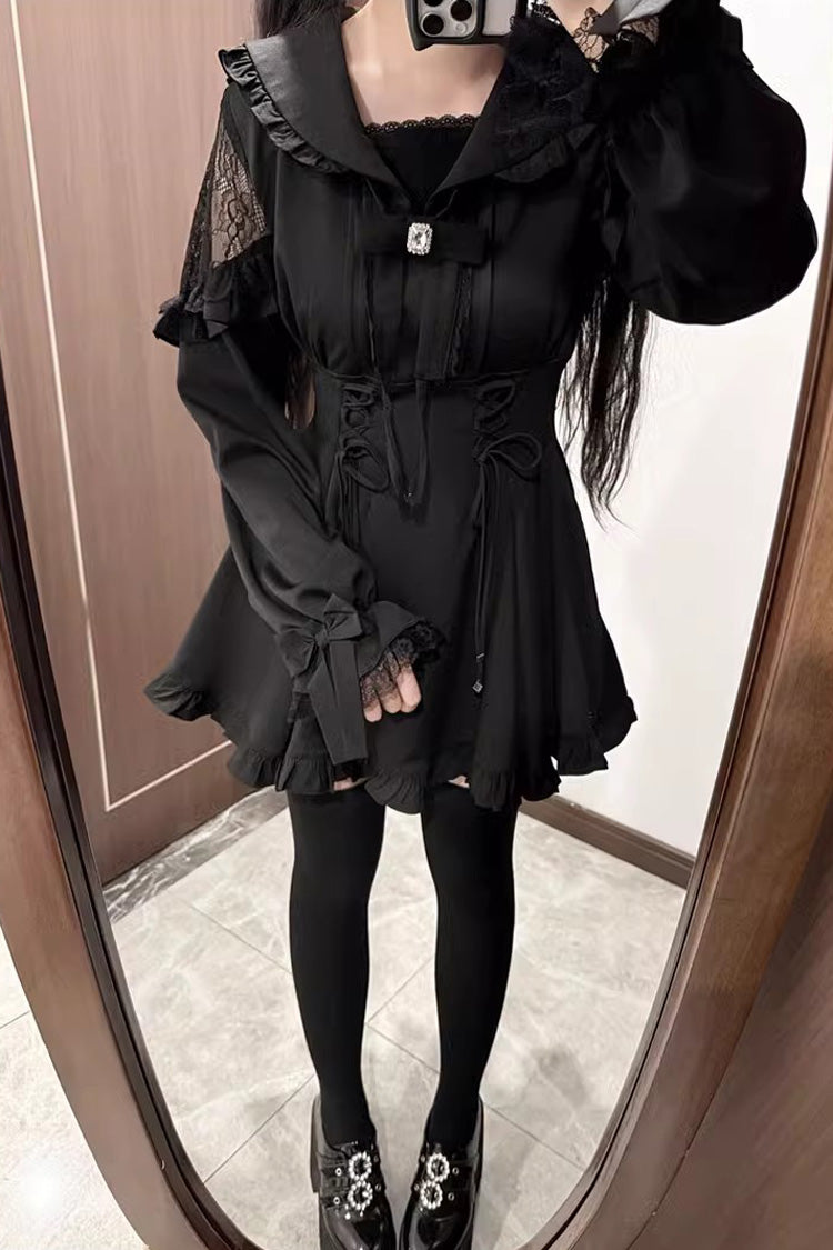 Noir Long Sleeve Ruffle Stitched Lace-Up Jirai Kei Set - Truffle Forest