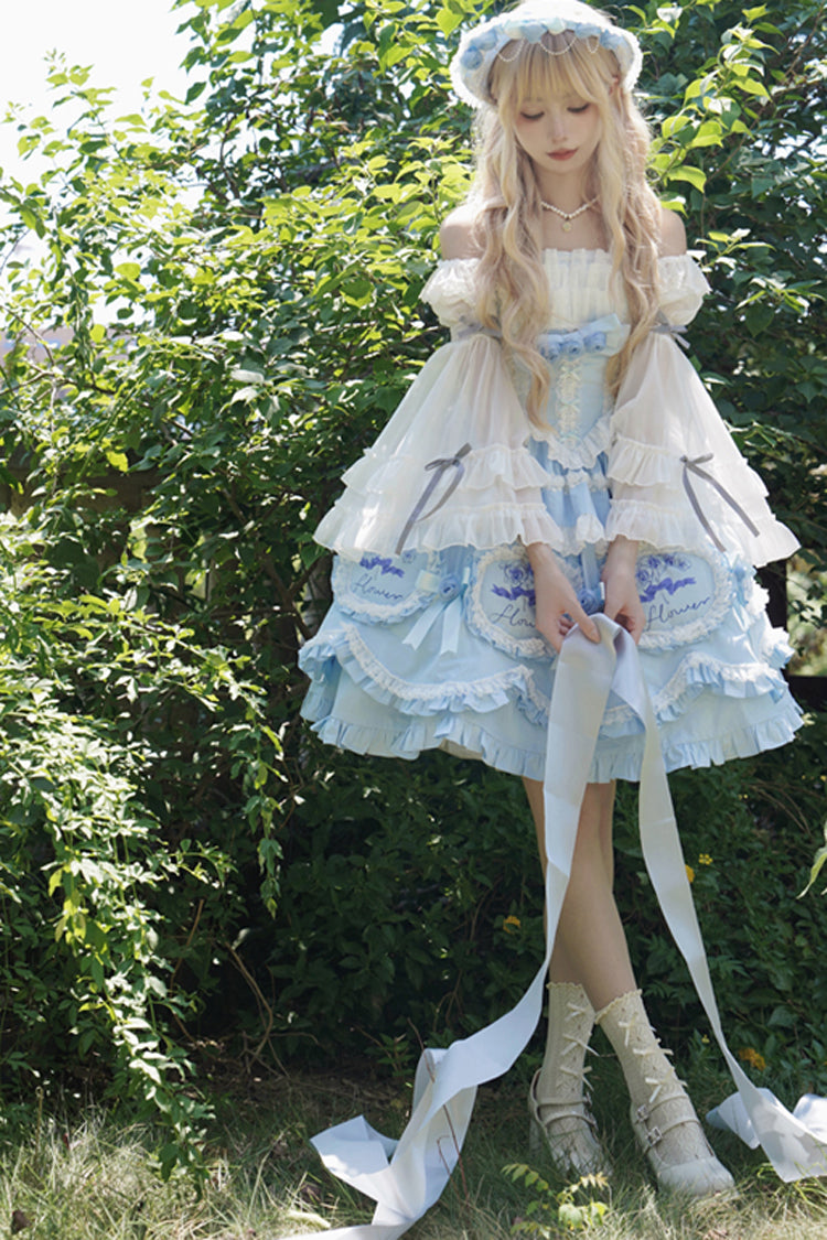 Blue Butterfly Dream Print Ruffled Bowknot Sweet Princess Lolita JSK