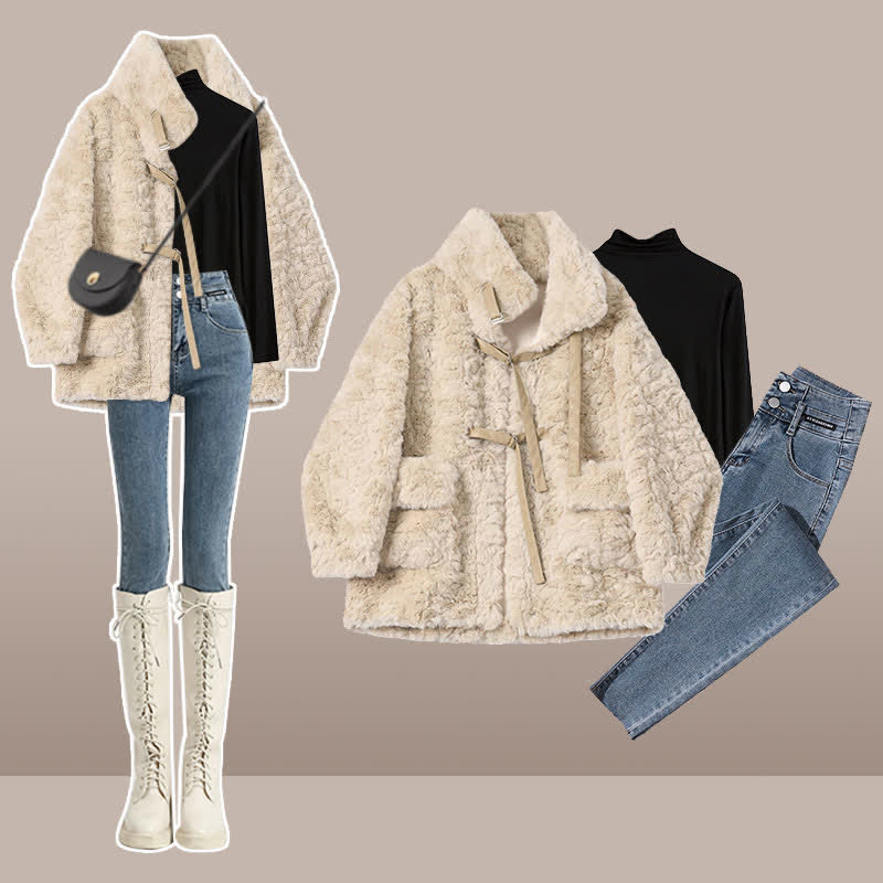 Velvet Buckle Coat Turtleneck Top High Waist Slim Denim Pants