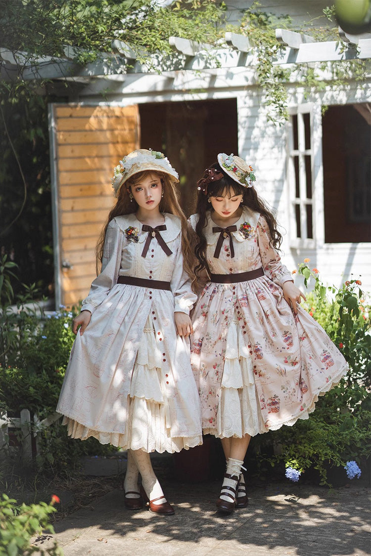 Lantern Sleeve OP Dress with Floral Print - Sweet Lolita