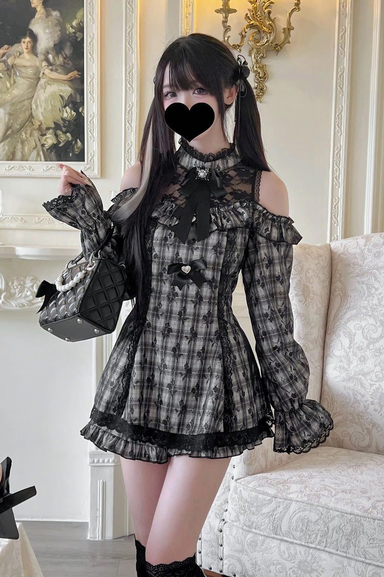 Sweet Off Shoulder Halterneck Long Sleeve Ruffled Bow Lace Jirai Kei Dress Shorts Set